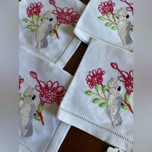 Set of 4 Anthropologie Linen Embroidered Cockatoo Cocktail Napkins NWT